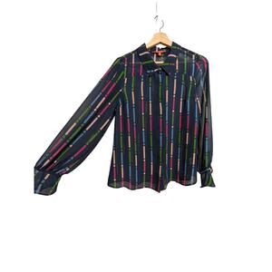 Modcloth Sheer Geo Dot Button Up Blouse Top Navy Blue Color Print Women's Medium